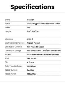 VENTION 1 pieza Cable de datos USB 2.0 C a C 5A, Modelo ABS PD100W, Color Morandi, Cable trenzado nano anti-suciedad, Chip E-Marker incorporado, Carga rápida sin sobrecalentamiento, Transferencia de datos 480Mbps, Compatible con cabezales de carga y productos con interfaz TypeC, 1m/1.5m/2m Adecuado para trabajo, estudio, ocio y otros escenarios de carga - Multicolor - Ver 10