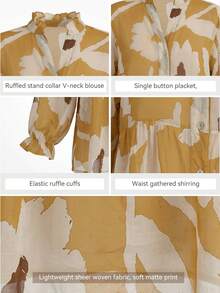 ROSIE POPHUB Women Yellow Floral Print Notched Neck Long Sleeve Ruffle Hem Peplum Blouse Elegant Christmas Commute Daily Top Fall Winter - Yellow - View 8