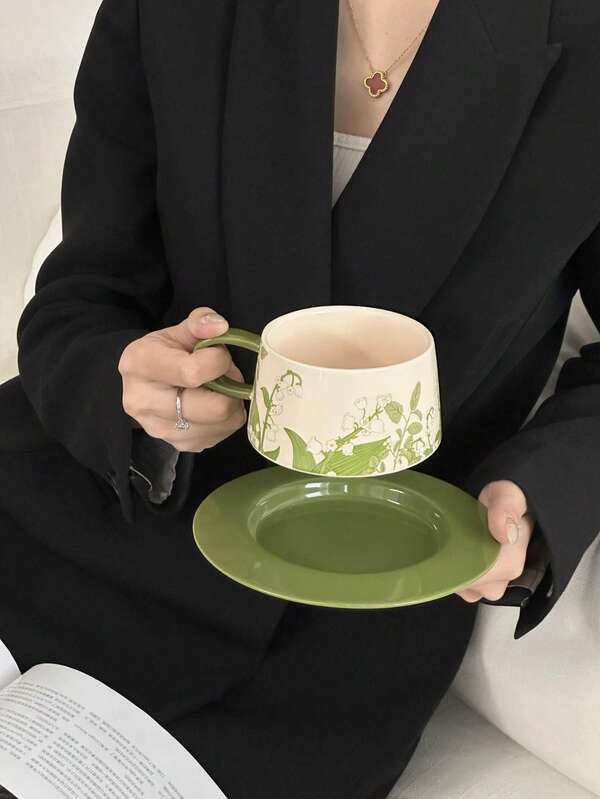 Vintage Oil Painting Style Quote Coffee Cup Butterfly Set, Women's Personal Use Afternoon Tea Ceramic Latte Cup Water Cup