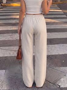 Dripcurv Plus Size Striped Straight Leg Casual Pants, Minimalist & Fashionable, Suitable For Summer - Apricot - View 2