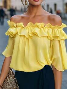 Top con hombros descubiertos 2026, camisa azul marino con detalles de volantes, volantes de doble capa, azul medianoche sólido, amarillo amigable para tallas grandes - Amarillo - Ver 4