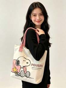SNOOPY 1pc Printed Yellow Canvas Tote Bag, Large Capacity, Suitable For Travel, Shopping And Daily Life, Ideal Gift For Birthday, Valentine's Day, Back To School And Graduation - A - View 3