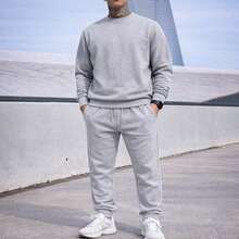 Sweatshirt And Pants Set With Pockets, Winter, Casual, Basic, Unisex, Plain - Grey - View 8