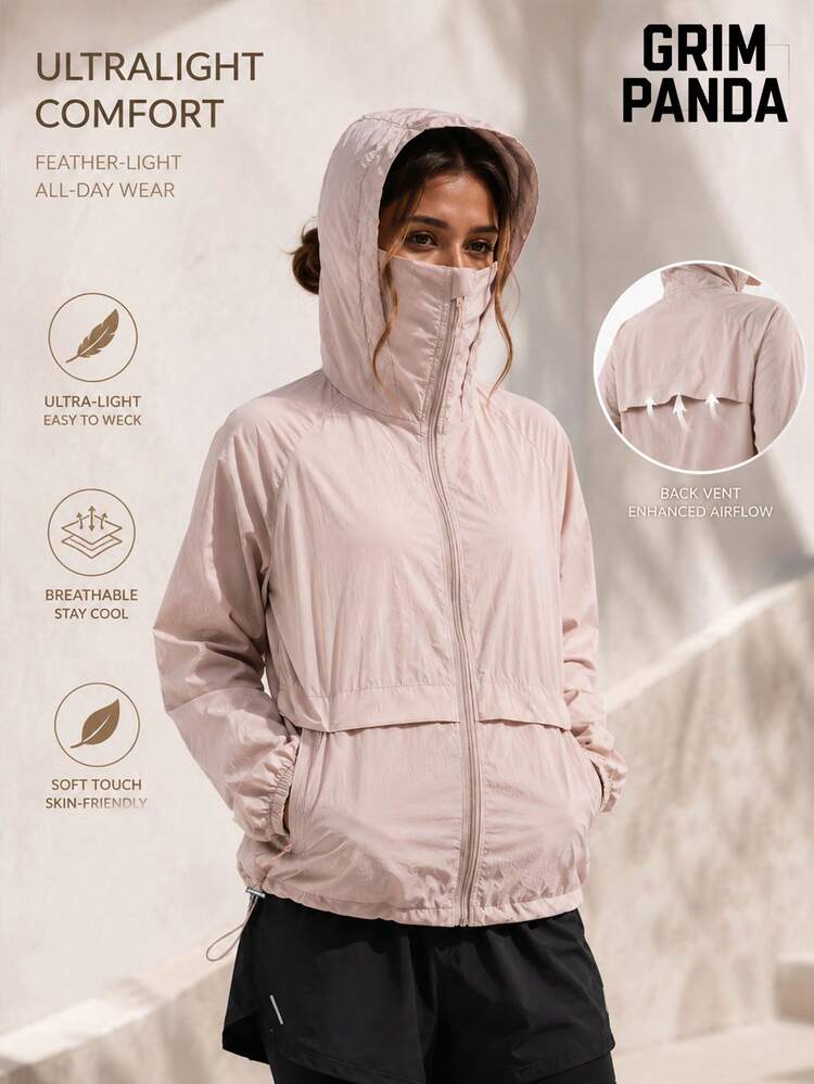 GRIM PANDA 女款 UPF 防曬可收納連帽外套，輕量透氣涼感拉鍊口袋戶外登山露營運動夾克 - 粉色 - 查看 1