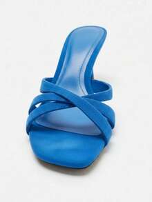 Sandalias de tacón de aguja alto con punta redonda y espalda abierta de material de malla para mujer, primavera/verano 2026 - Azul - Ver 3