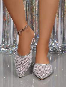 Zapatos cómodos y versátiles de moda para mujer, de unicolor con decoración de strass y punta puntiaguda - Plateado - Ver 4