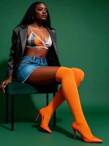 1 Pair Women's Thigh High Socks, Versatile For Spring/Summer, Comfortable & Fashionable, Suitable For School Style, Halloween, Valentine's Day - Orange - View 3