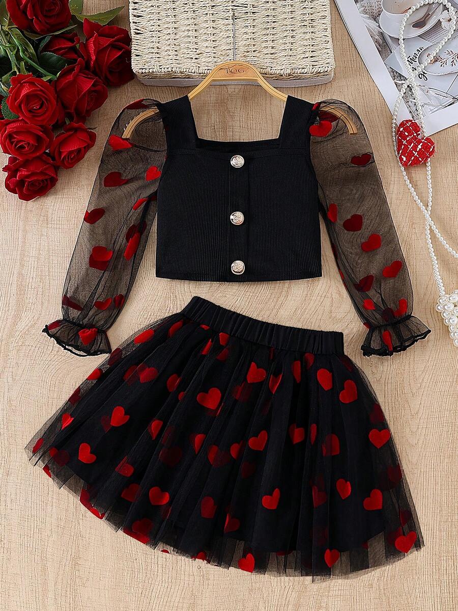 Girls' Spring/Autumn Fashion Sweet Heart Mesh Patchwork Square Neck Puff Sleeve Long Sleeve Top & Elastic Waist Skirt 2-Piece Set, Suitable For Daily Casual Outings - Black - View 1