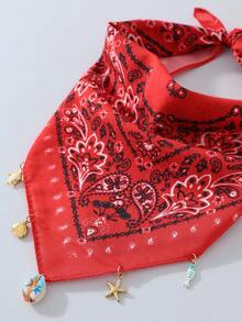 1pc Summer Ocean Style Women's Fashion Paisley Print Pattern Headscarf - With Starfish, Sea Turtle, Seashell Decoration Multifunctional Women's Headband Square Scarf, Polyester Material, Suitable For Beach, Seaside And Daily Wear - Red - View 4