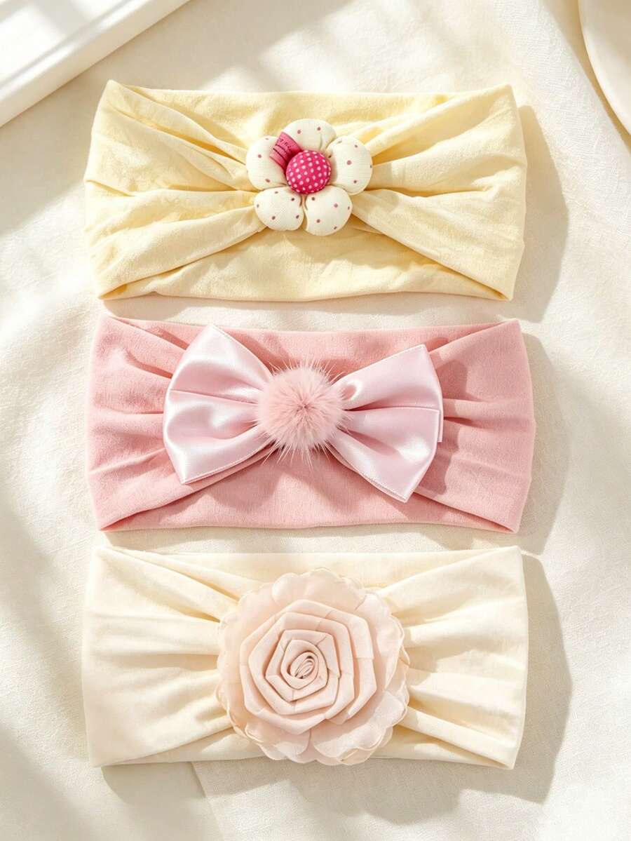 3pcs/Set Super Soft Elastic Wide Headband For Baby Girls, Newborn Flower Pom Pom Bow Hairband, Non-Tight Hair Accessory Set, Versatile Infant Hairbands - Multicolor - View 1