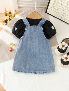 2件組嬰兒/幼兒（女童）甜美酷感可愛純色短袖上衣與牛仔吊帶裙套裝，輕量春夏款 - 黑色 - 查看 3