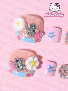 Sanrio Hello Kitty 24pcs Short Square French Style Press-On Toenails, Cute Hello Kitty Rhinestone Flower Design, Summer Style, Perfect Fit Acrylic Fake Toenails, Includes 1pc Jelly Glue And 1pc Nail File, Suitable For Girls' Daily And Party Use - Multicolor - View 3