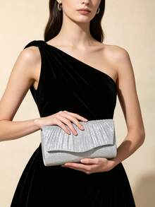 Pochette enveloppe froncée à paillettes argentées, sac de soirée élégant avec bordure ondulée, sac à main formel avec bandoulière chaîne amovible pour mariage, bal de promo, cocktail - Argent - Voir 2