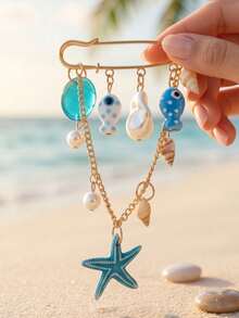 1pc Ocean Vacation Bohemian Brooch, Marine Life Ceramic Fish, Acrylic Starfish Pendant, Faux Pearl With Shell Pendant, Multi-Purpose Brooch Pin For Women - Multicolor - View 3