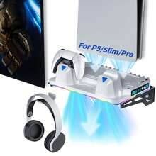 Soporte de Enfriamiento Montable en Pared y de Escritorio para P5/Slim/Pro, Estación de Enfriamiento Multifuncional con Turboventilador de 3 Velocidades, Cargador Rápido con Doble Controlador, Gancho para Auriculares, Luz RGB, Hub USB/Type-C - Ver 1