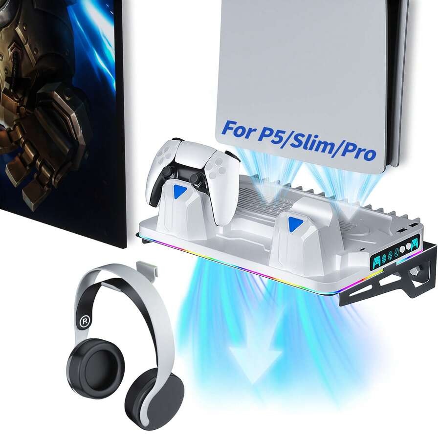 Soporte de Enfriamiento Montable en Pared y de Escritorio para P5/Slim/Pro, Estación de Enfriamiento Multifuncional con Turboventilador de 3 Velocidades, Cargador Rápido con Doble Controlador, Gancho para Auriculares, Luz RGB, Hub USB/Type-C - Ver 1