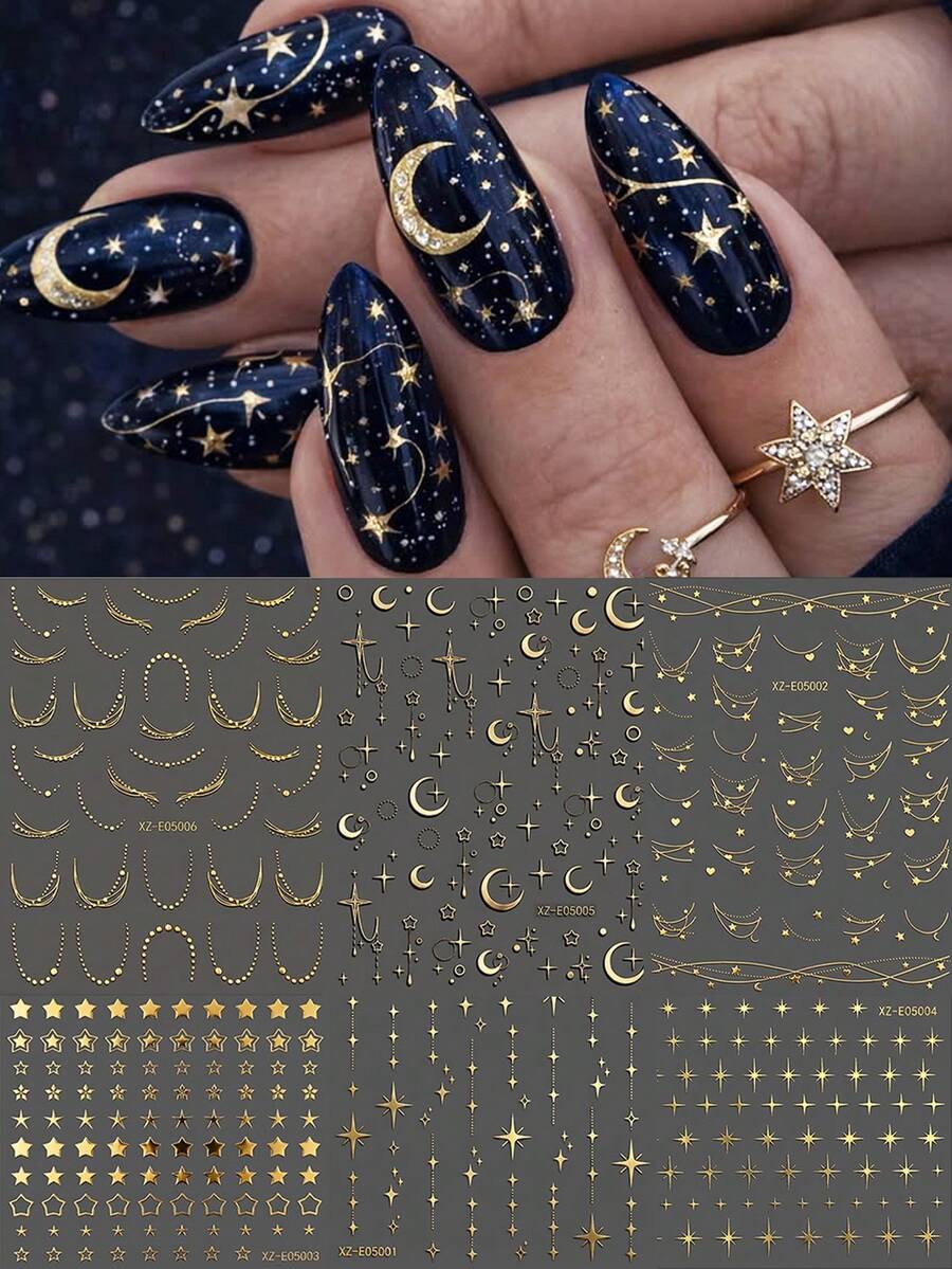 6件組青銅金星月美甲貼紙套裝，5D金屬金自黏式鏤空流星新月星空美甲貼片，奢華Y2K美甲裝飾配件，女性美甲DIY用品