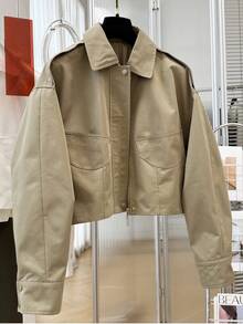 Women's Autumn Vintage Turn-Down Collar Short Flight Jacket With Zipper Pockets, Spring Long Sleeve Outerwear - Khaki - View 1