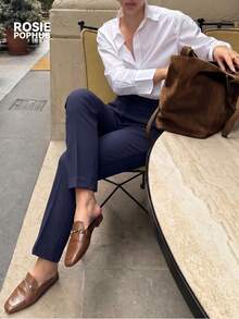 ROSIE POPHUB 女款海軍藍優雅高腰百褶直筒褲 單鈕扣修身顯瘦上班通勤長褲 秋冬日常通勤款 - 藏蓝色 - 查看 5