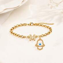 1pc New Fashion Letter Hamsa Palm Gold Stainless Steel Chain Bracelet For Women - Golden Micropaved - View 3