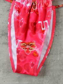 女款海灘度假掛脖側綁帶比基尼套裝，休閒高彈性泳衣，夏季必備 - 彩色 - 查看 5
