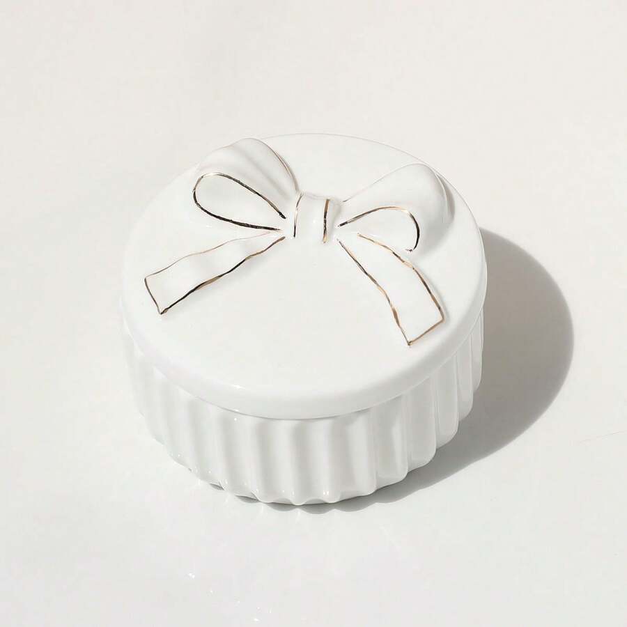 SIQIZHOU 1pc Bowknot Jewelry Box | Ceramic Decorative Ornament, Elegant Home Decor Craft Gift, Desktop Vanity Keepsake Jewelry Storage Box - White - View 1