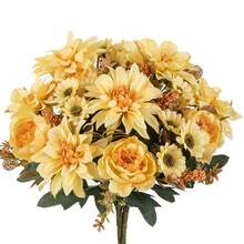 1pc Artificial Dahlia - Realistic Artificial Flower Bouquet, Suitable For Christmas, Wedding, Valentine's Day Decoration And Home Decor, Autumn Decoration, Halloween, Gift - Yellow - View 4