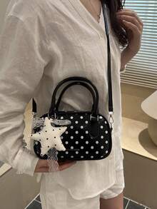 波點迷你波士頓手提包，附星星蕾絲吊飾、頂部手柄與可拆卸斜背帶，可愛日常單肩包 - 黑色 - 查看 2