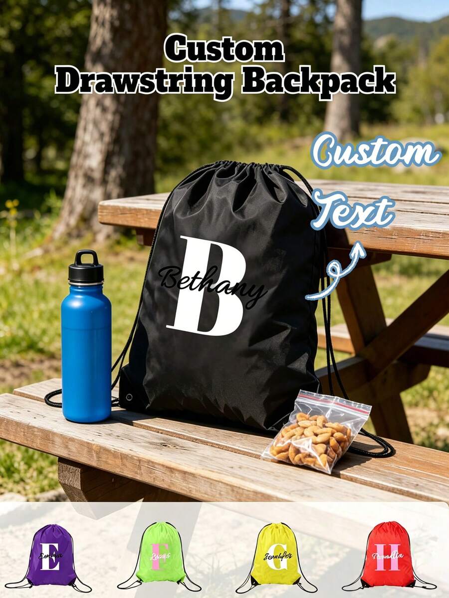 Personalized Drawstring Sports Backpack, Lightweight Durable Polyester Material, Customizable With Your Name And Initials, Unisex, 1pc, Suitable For Outdoor Sports, Casual Travel And Daily Fitness, Casual Style