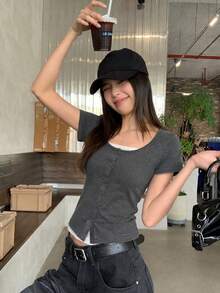 Korean Minimalist Preppy Style Niche Color Block Design Round Neck Summer Slimming 2 In 1 Fitted Short Sleeve T-Shirt Crop Top For Women - Grey - View 5