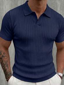 Men's Classic Ribbed Knit Polo Short Sleeve Shirt, Solid Color, Perfect For Summer Outings, Fashionable Wardrobe Essential - Navy Blue - View 3
