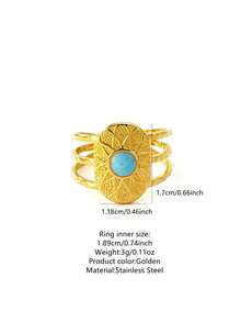 VceTd 1pc Bohemian Style Stainless Steel Women's Ring With Blue Enamel Geometric Design, Suitable For Daily Wear, Holiday Outings, Fashion Parties, Summer Beach Vacations, Or As A Holiday Gift For Women Or Loved Ones - Yellow Gold - View 9