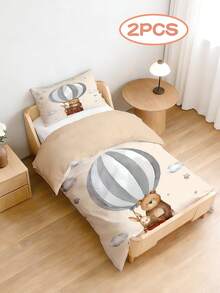 1 Set Of Hot Air Balloon Bear & Rabbit Print Baby Duvet Cover Set, Minimalist Style Polyester Bedding,No Filler,For Kindergarten Bedroom Daily Use - Multicolor - View 2