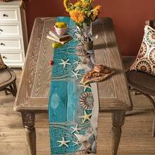 Polyester Table Runner, 2D Flat Printing Blue Starfish Seashell Coral Texture Pattern & Rustic Teal Wood Grain Fishing Net Beach Seashell Starfish Print, Heat Resistant Washable Table Decor Runner For Summer Nautical Table Decoration - Multicolor - View 12