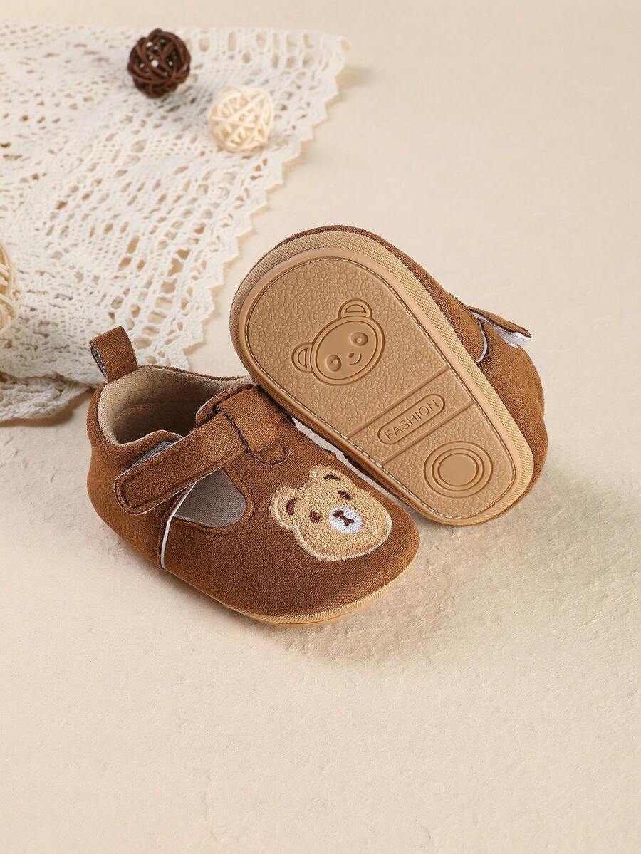 1 Pair Baby Boys Solid Color Cartoon Flat Hook & Loop Round Toe Casual Cute Sports Shoes, Suitable For Indoor & Outdoor, Spring & Autumn - Brown - View 1