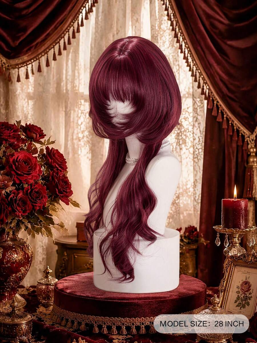 alicegarden 28-Inch Long Synthetic Wig Featuring A Natural Wavy Style In A Stunning Burgundy. Designed With Bangs , This False Hairpiece Is Perfect For Ms Halloween Cosplay Daily Use, Offering A Natural And Natural Durable Wig Gift For Ladies. - Burgundy - View 1