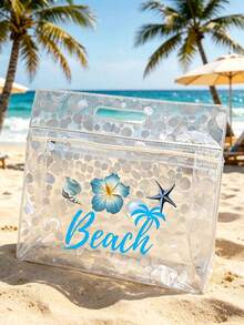 透明防水游泳袋 大容量海灘化妝包，印有「Beach」字樣、棕櫚樹、海星、花朵圖案，便攜式網格盥洗包，多功能手拿包，適合泳池、海灘、度假、教師節 - 彩色 - 查看 8
