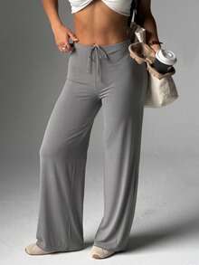 Women's Casual Wide Leg Joggers - Gray Pants, Drawstring Waist, Elastic Waistband, Comfortable Loose Fit Fall - Grey - View 4