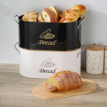Myrothcane Oval Metal Bread Box With Bamboo Lid And Side Handles, Large Capacity Kitchen Countertop Bread Storage Bin, Farmhouse Style Bread Freshness Container, White And Black Optional Food Storage Canister - Black and White - View 9