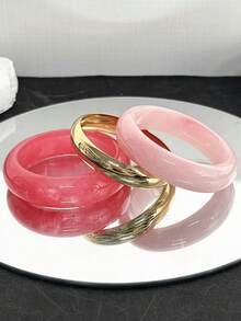 3件組極簡風粉色與金色樹脂手鍊套組，迷人個性化女款飾品，可單獨佩戴或疊戴 - 彩色 - 查看 5