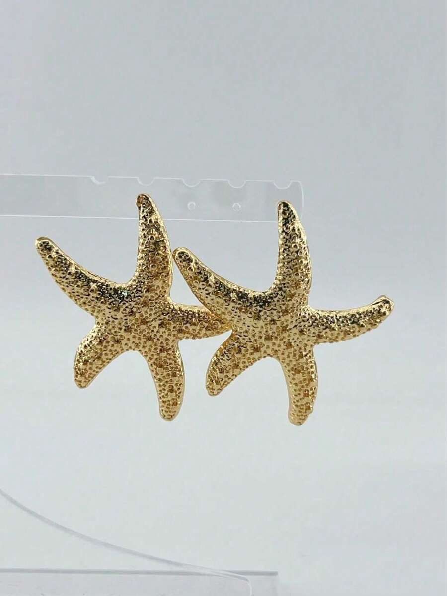 1對誇張吸睛高品質時尚海洋生物金屬耳釘,牡蠣殼、海星、海螺、水母、魚形不對稱捲紋圖案,多款可選,表面條紋凹凸紋理,鋅合金電鍍金,女款粗獷風格,適合派對與日常佩戴 - 金色 - 查看 1