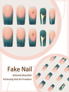 24 Stück romantische 3D Gel Y2K Gold-Linie Edelstein Grün French Full Cover Press-On Kunstnägel Set mit Jelly-Kleber und Mini-Nagelfeile, geeignet für Frauen und Mädchen für den täglichen Gebrauch, Party, Shopping, Dating, DIY, Jelly-Kleber wird zufällig versendet - Verschiedenfarbig - Übersicht 2