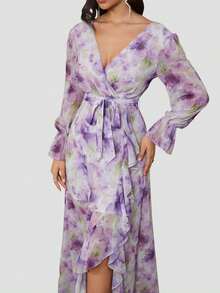 1 pieza Vestido maxi elegante de manga larga con cuello en V, estampado y volantes, vestido formal de lujo para fiesta de graduación, boda y cóctel para mujer - Morado - Ver 5