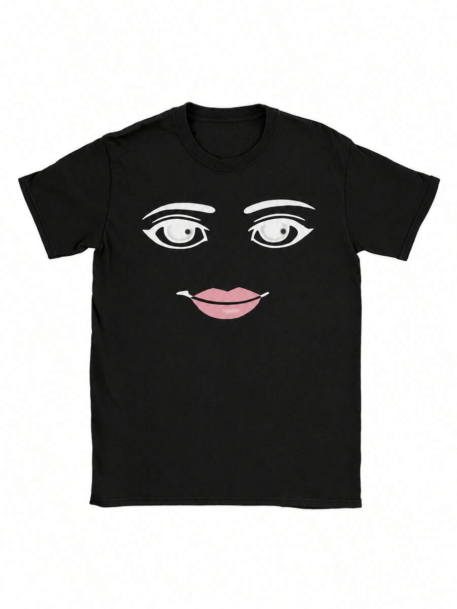 Unisex Short Sleeve Round Neck Cotton T-Shirt Retro Style With Robot Print And Facial Expression - 黑色 - 查看 1