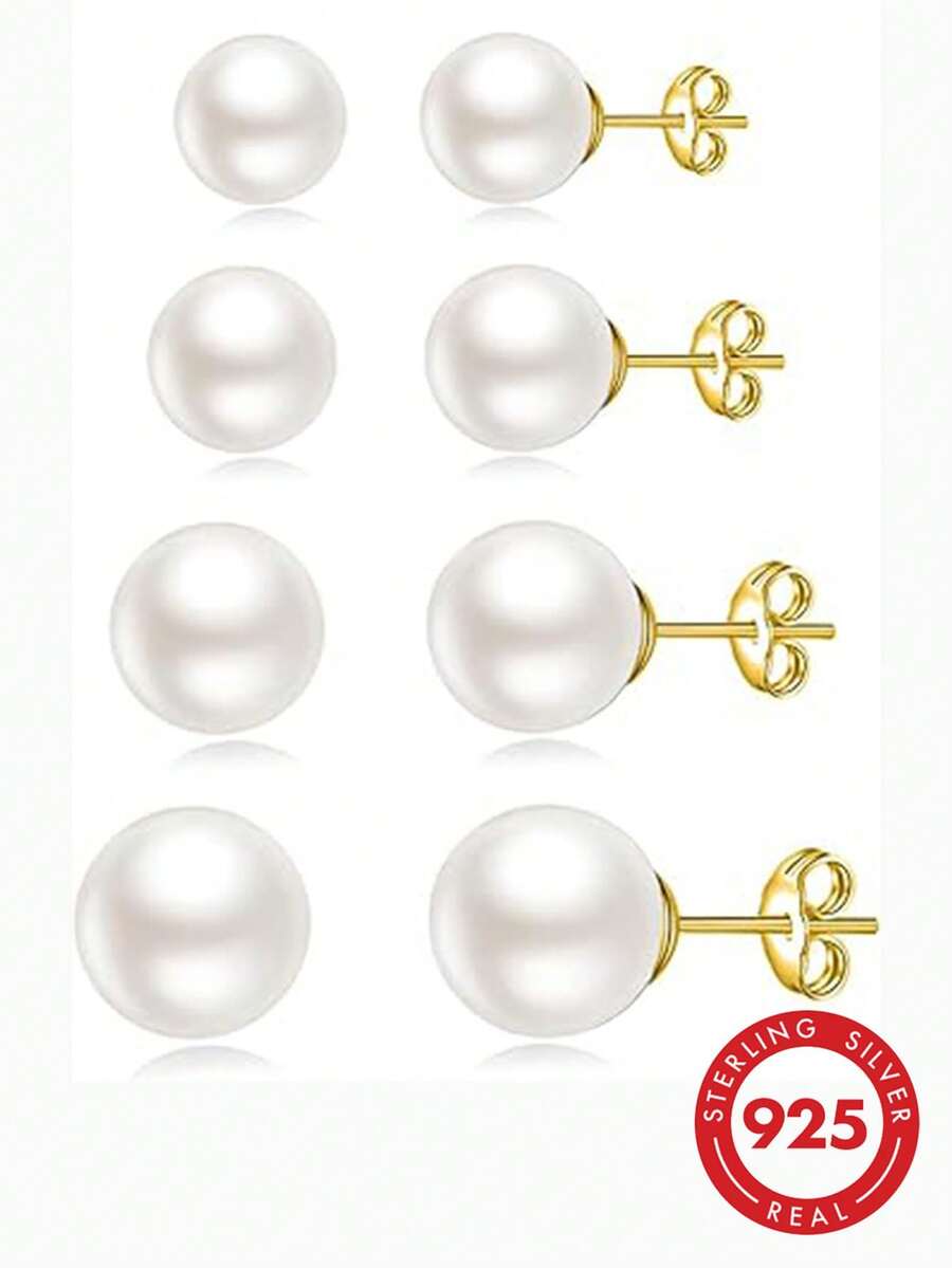 925純銀珍珠耳釘女款,日常配戴裝飾,1對 - 黃金 - 查看 1