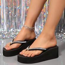 Women's New Thick Sole Flip Flops, Lightweight & Comfortable Loose Fit Solid Color (Size 36-42), Pearl & Rhinestone Decor Beach Sandals, Pastoral Style, Summer Outfit - Black - View 2