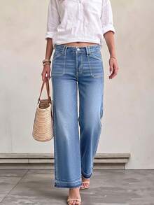 Button Detail Straight Leg Jeans, Mid-Stretch Long Casual Style Suitable For Multiple Occasions - Light Wash - View 5