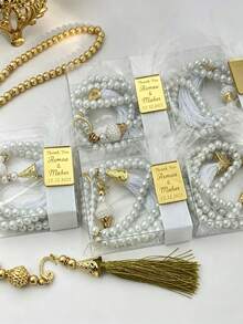 Personalized Islamic Pearl Prayer Beads Set With Customized Engraved Acrylic Tag, Ribbon And Gift Box, Tassel Prayer Beads, Ramadan Wedding Eid Ramadan Baby Shower Guest Souvenir Favor, Multi-Color Pearl Islamic Gift - Multicolor - View 5