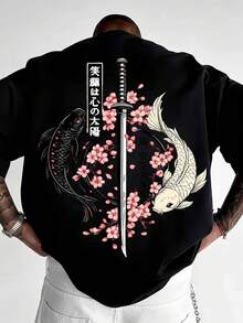 Loose And Comfortable Casual Cherry Blossom Carp Sword Tattoo Japanese Samurai Pattern  Men'S Short-Sleeved T-Shirt Personalized Printing Design - Black - View 1