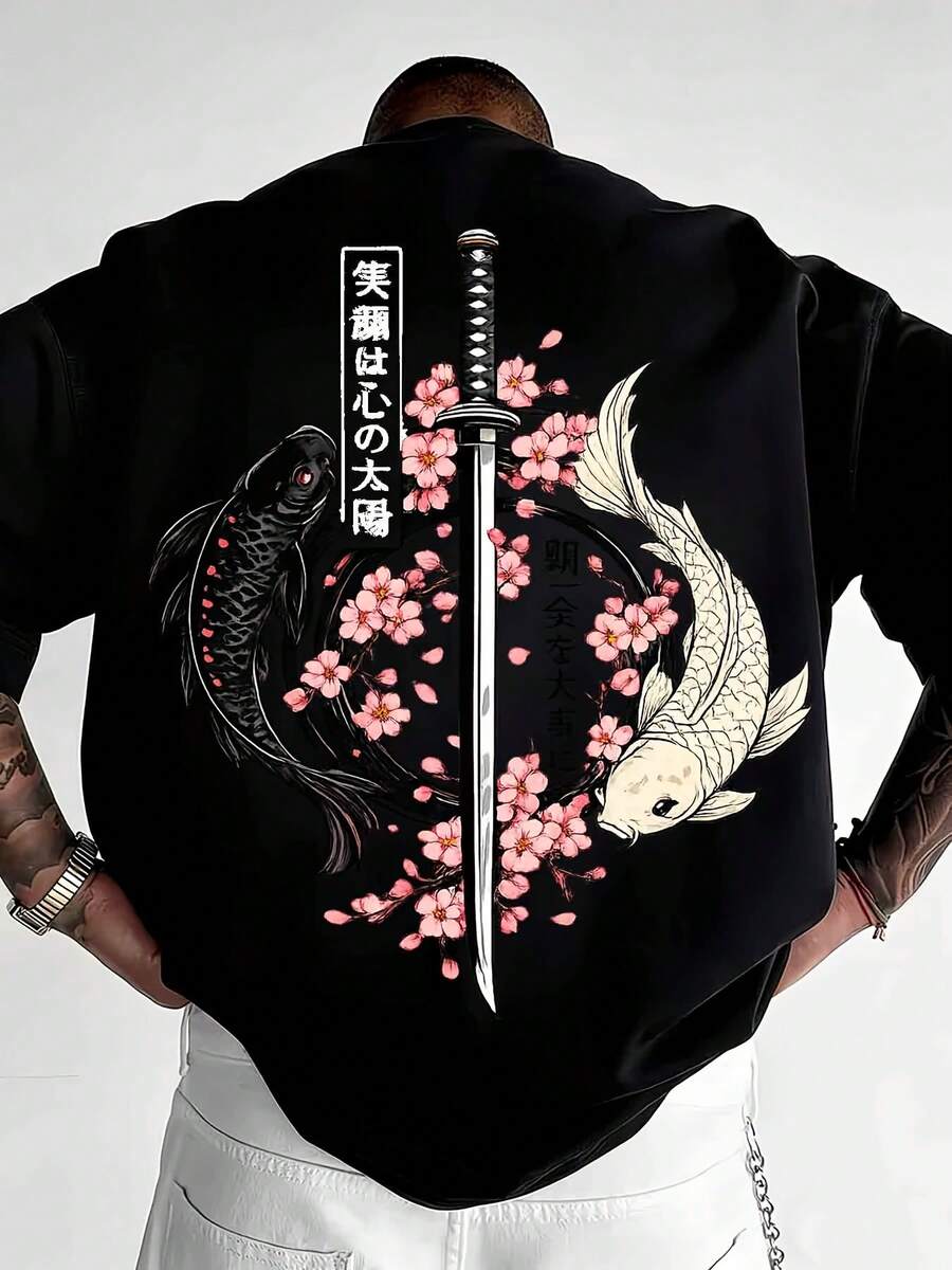 Loose And Comfortable Casual Cherry Blossom Carp Sword Tattoo Japanese Samurai Pattern Men'S Short-Sleeved T-Shirt Personalized Printing Design - Black - View 1